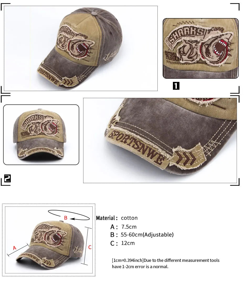 Gorra de béisbol para hombre CNTANG de algodón a la moda con bordado de tiburón, gorra informal con visera para mujer, gorra snapback de marca, gorra de hip hop unisex