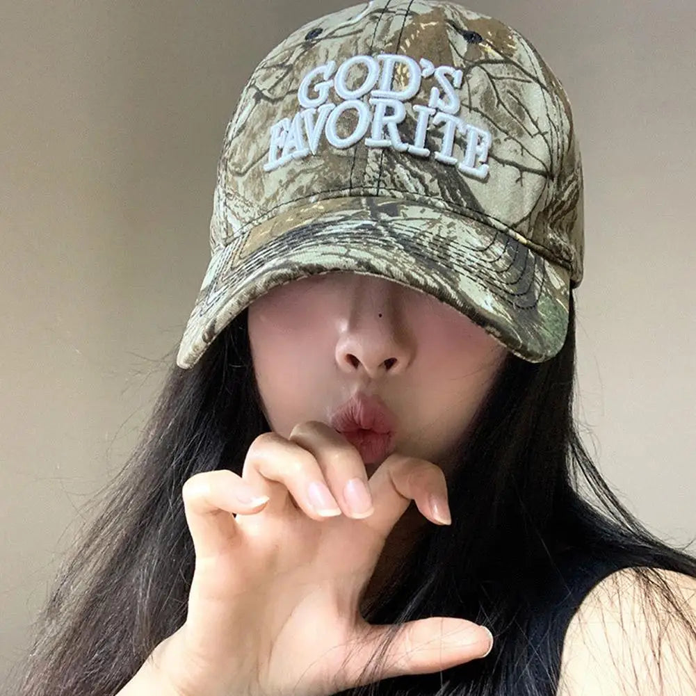 Gorra de béisbol con bordado de letras retro, estilo camuflaje táctico de selva, gorra de visera ajustable para mujer, de circunferencia grande y protección solar