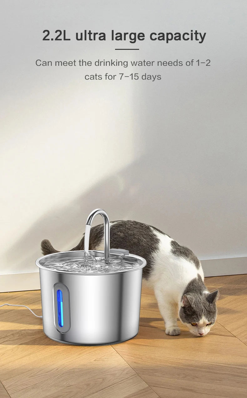 Dispensador de agua para mascotas de acero inoxidable de 2,2 L, fuente automática con bomba de agua silenciosa USB, dispensador de agua + juego de filtros para gatos