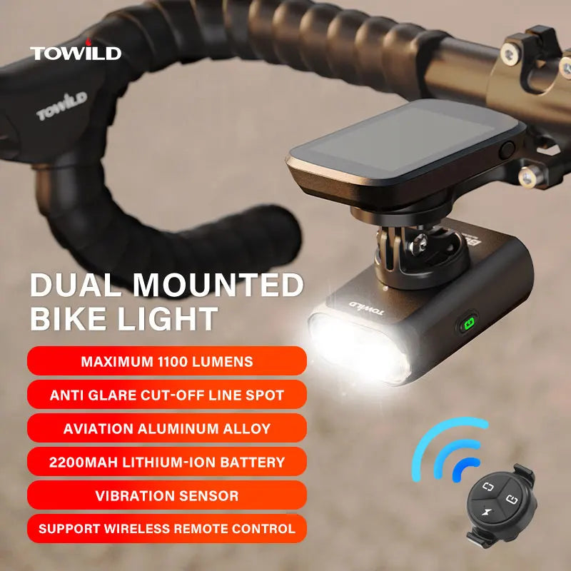 Luz para bicicleta TOWILD BL900 de montaje doble con haz concentrado y amplio (1100 lm), recargable, para seguridad diurna e iluminación nocturna.