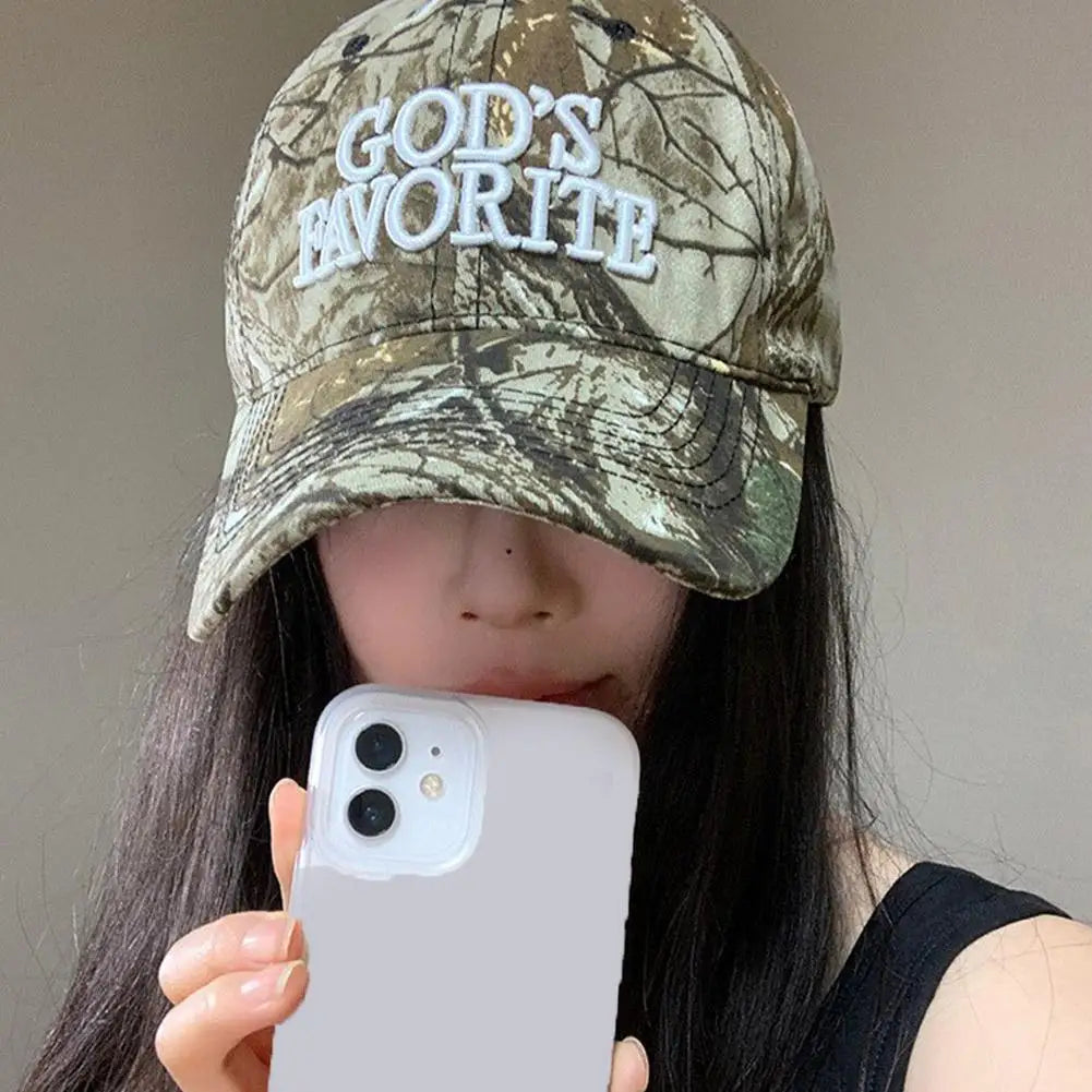 Gorra de béisbol con bordado de letras retro, estilo camuflaje táctico de selva, gorra de visera ajustable para mujer, de circunferencia grande y protección solar