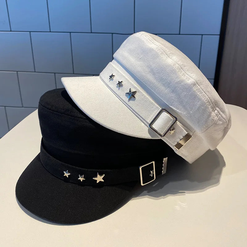 Boina feminina preta com estrela, chapéu de outono e inverno, estilo retrô britânico, moda nova, estilo militar marítimo, boné coreano, chapéu para mães.