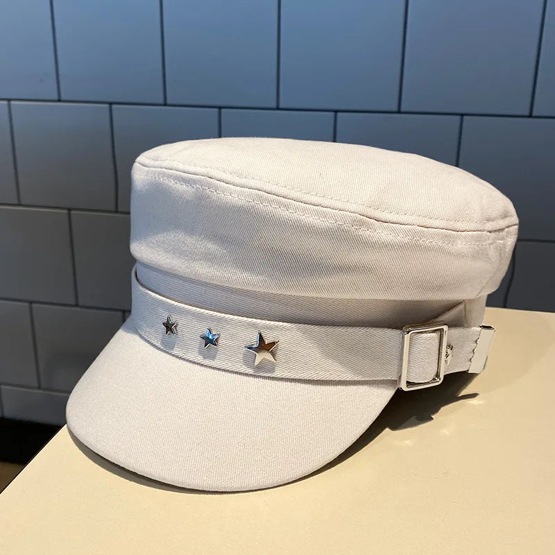 Boina feminina preta com estrela, chapéu de outono e inverno, estilo retrô britânico, moda nova, estilo militar marítimo, boné coreano, chapéu para mães.