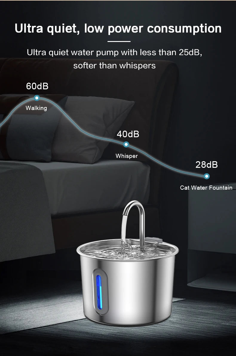 Dispensador de agua para mascotas de acero inoxidable de 2,2 L, fuente automática con bomba de agua silenciosa USB, dispensador de agua + juego de filtros para gatos