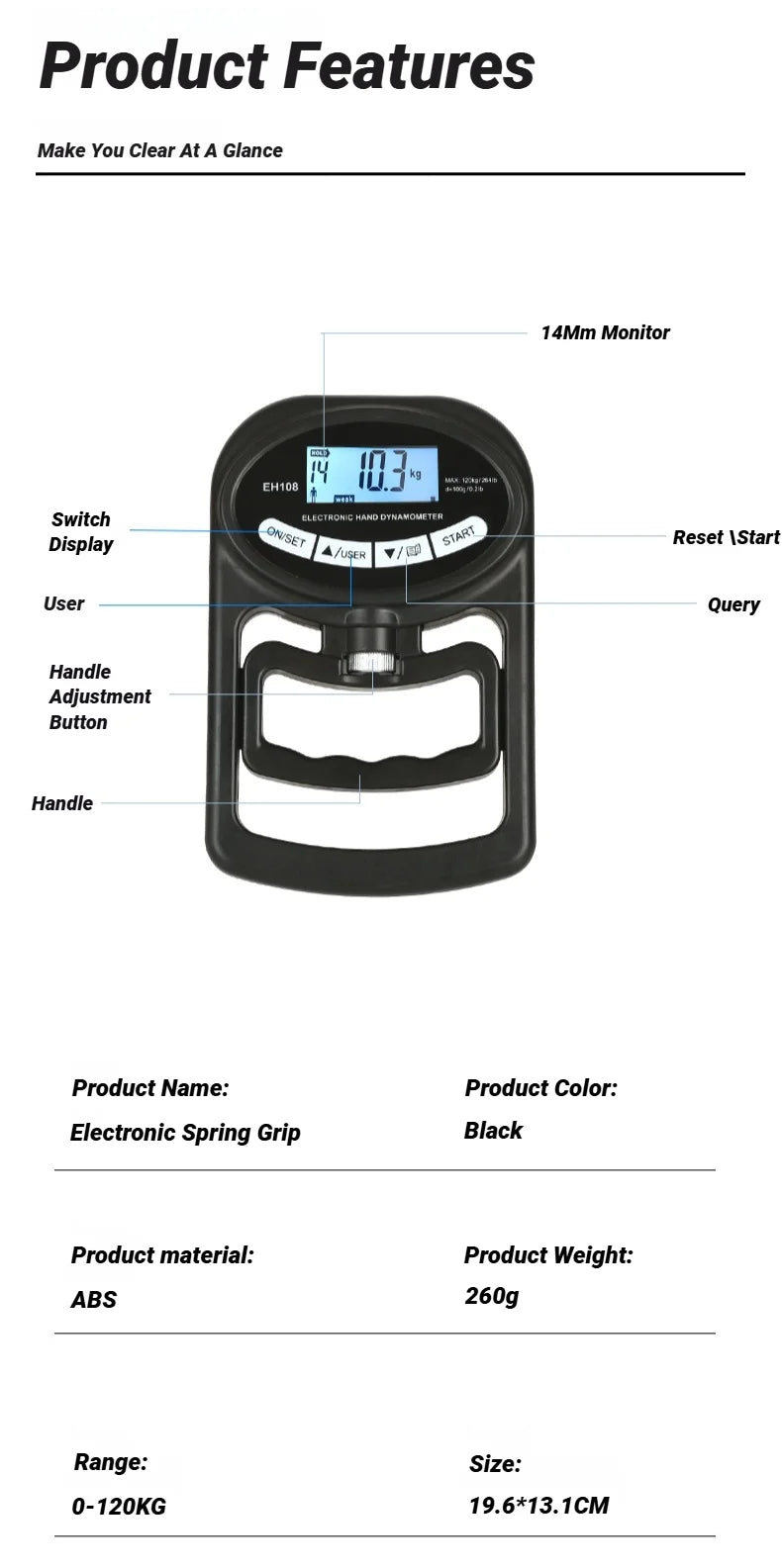 265Lbs/120Kg Grip Strength Meter For Men And Women Tester Digital Hand Dynamometer Training USB LCD Screen