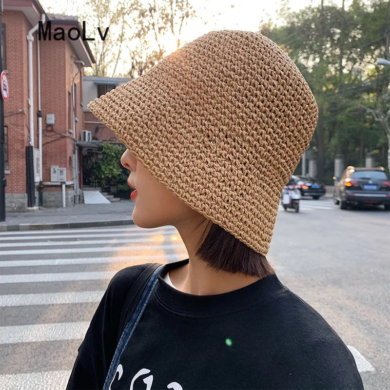 Sombrero de paja coreano para playa, visera de verano para mujer, sombrero de pescador, tejido a mano, sombrero Panamá, sombrero de sol para chica.