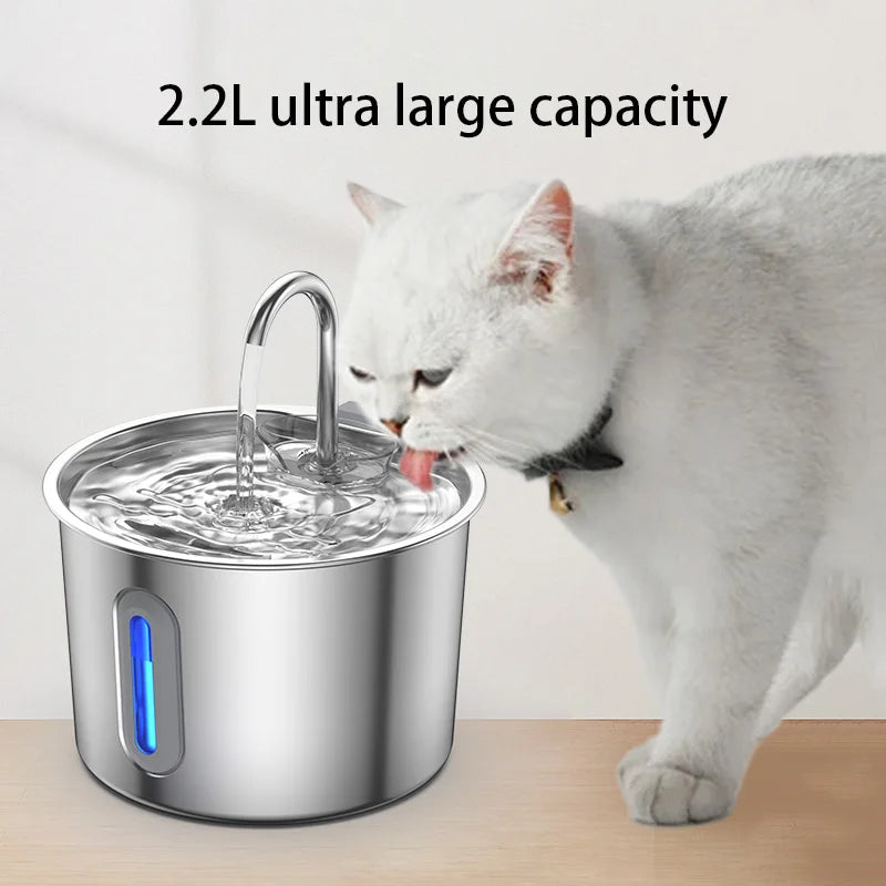 Dispensador de agua para mascotas de acero inoxidable de 2,2 L, fuente automática con bomba de agua silenciosa USB, dispensador de agua + juego de filtros para gatos