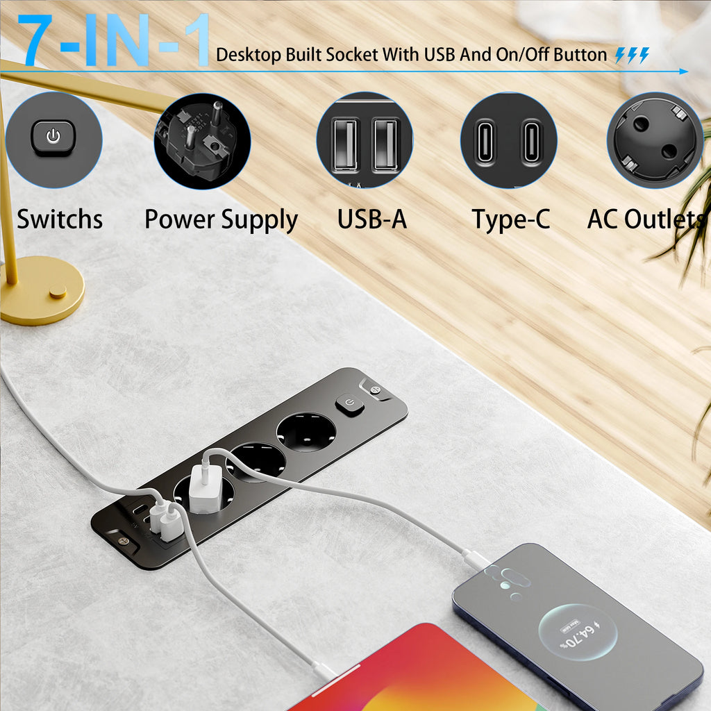 European standard 7-in-1 installable embedded power strip with 2 USB-A, 2 USB-C, 3 AC power sockets, 2-meter extension power cor
