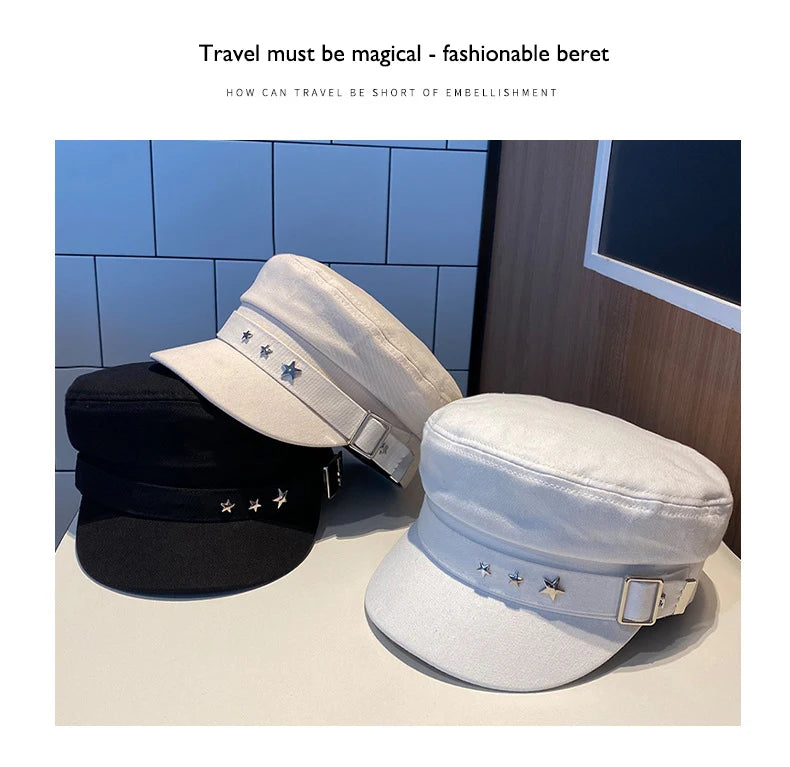 Boina feminina preta com estrela, chapéu de outono e inverno, estilo retrô britânico, moda nova, estilo militar marítimo, boné coreano, chapéu para mães.