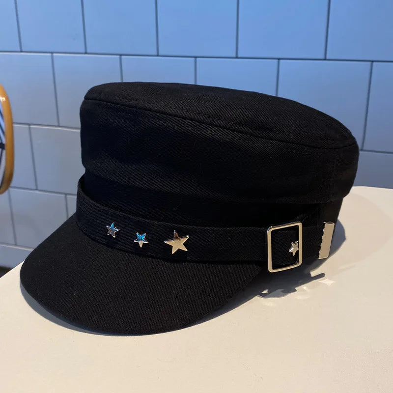 Boina feminina preta com estrela, chapéu de outono e inverno, estilo retrô britânico, moda nova, estilo militar marítimo, boné coreano, chapéu para mães.