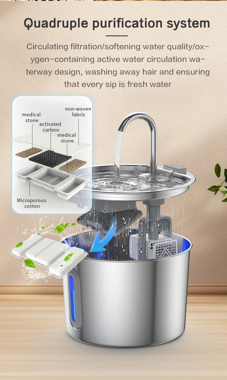 Dispensador de agua para mascotas de acero inoxidable de 2,2 L, fuente automática con bomba de agua silenciosa USB, dispensador de agua + juego de filtros para gatos