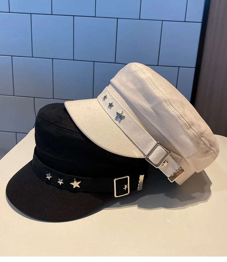 Boina feminina preta com estrela, chapéu de outono e inverno, estilo retrô britânico, moda nova, estilo militar marítimo, boné coreano, chapéu para mães.