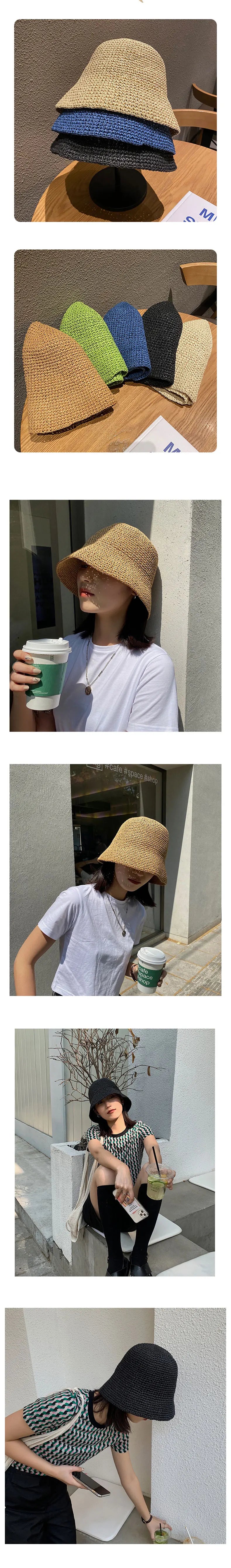 Sombrero de paja coreano para playa, visera de verano para mujer, sombrero de pescador, tejido a mano, sombrero Panamá, sombrero de sol para chica.