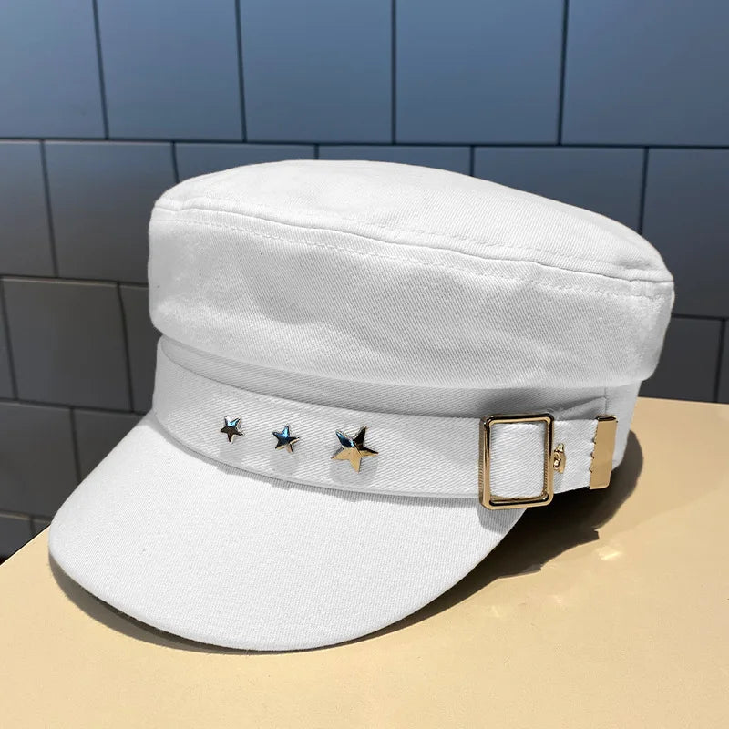 Boina feminina preta com estrela, chapéu de outono e inverno, estilo retrô britânico, moda nova, estilo militar marítimo, boné coreano, chapéu para mães.