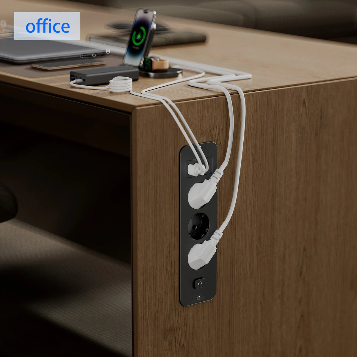 European standard 7-in-1 installable embedded power strip with 2 USB-A, 2 USB-C, 3 AC power sockets, 2-meter extension power cor