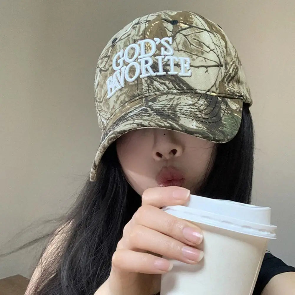 Gorra de béisbol con bordado de letras retro, estilo camuflaje táctico de selva, gorra de visera ajustable para mujer, de circunferencia grande y protección solar