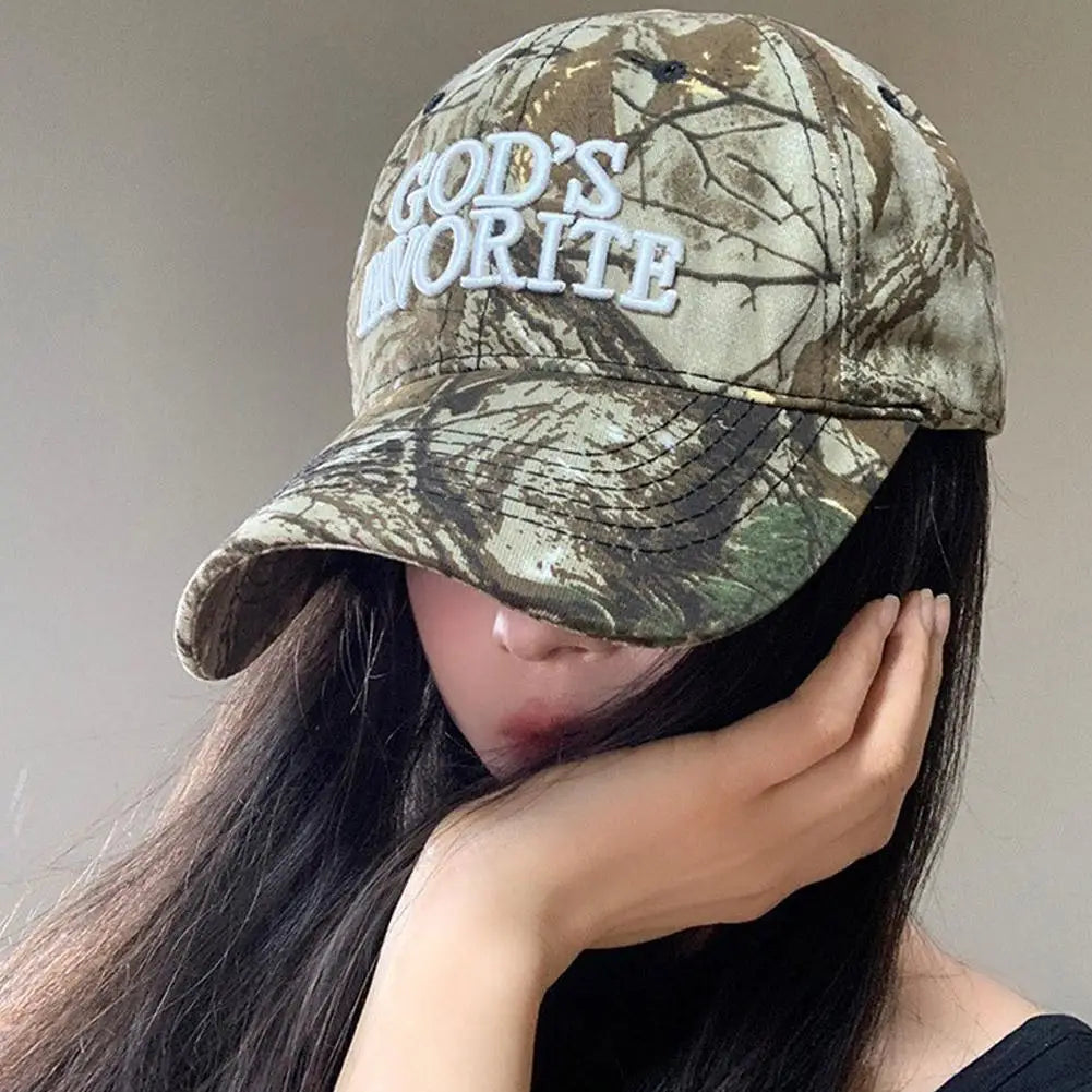 Gorra de béisbol con bordado de letras retro, estilo camuflaje táctico de selva, gorra de visera ajustable para mujer, de circunferencia grande y protección solar