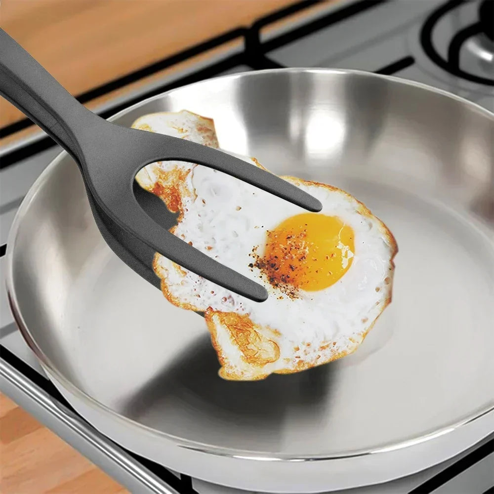 Pinzas volteadoras de nailon 2 en 1 con espátula para huevos y pinza para carne, accesorios de cocina para voltear panqueques y alimentos fritos