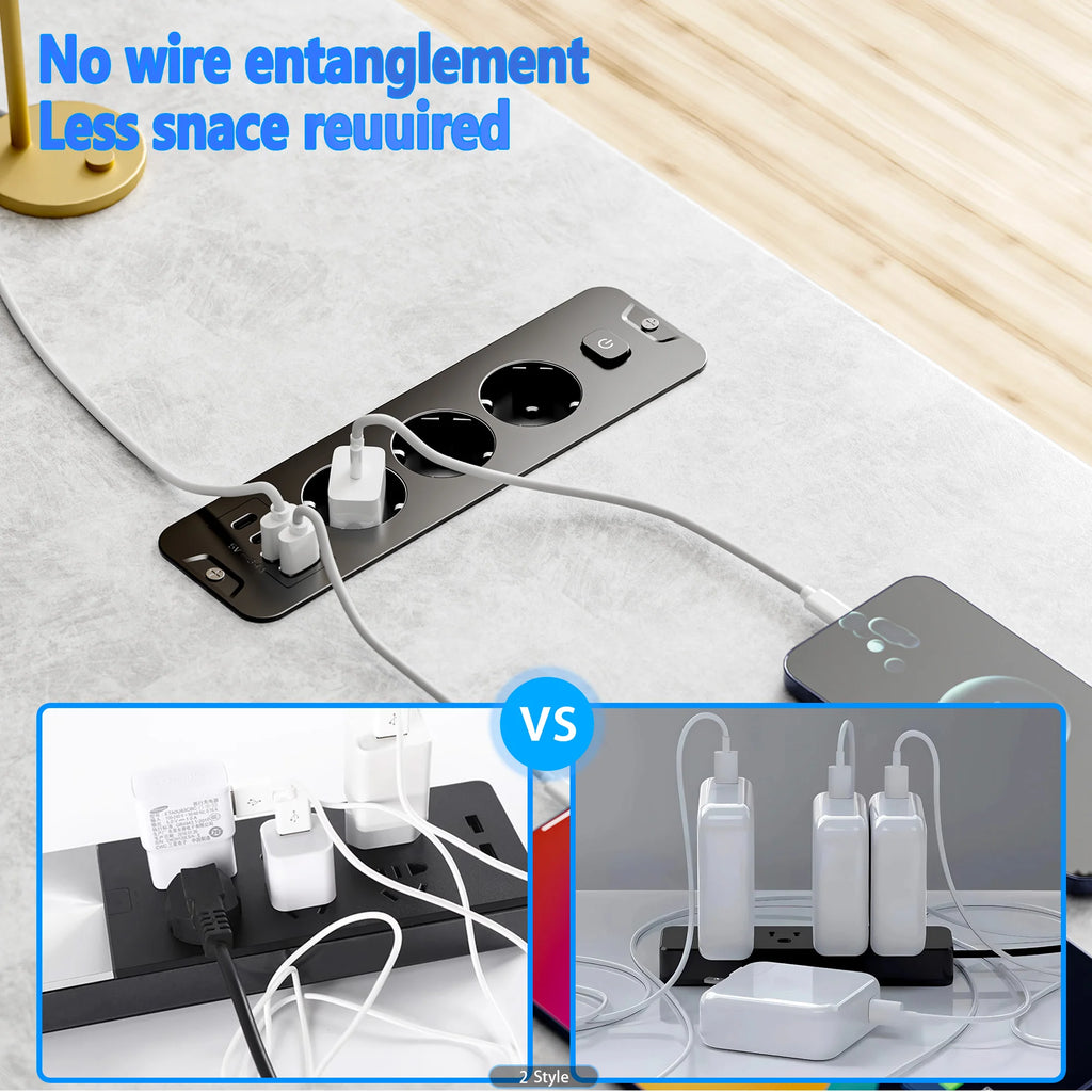 European standard 7-in-1 installable embedded power strip with 2 USB-A, 2 USB-C, 3 AC power sockets, 2-meter extension power cor