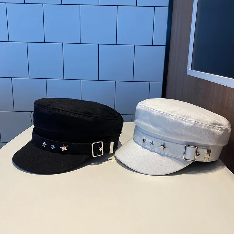 Boina feminina preta com estrela, chapéu de outono e inverno, estilo retrô britânico, moda nova, estilo militar marítimo, boné coreano, chapéu para mães.