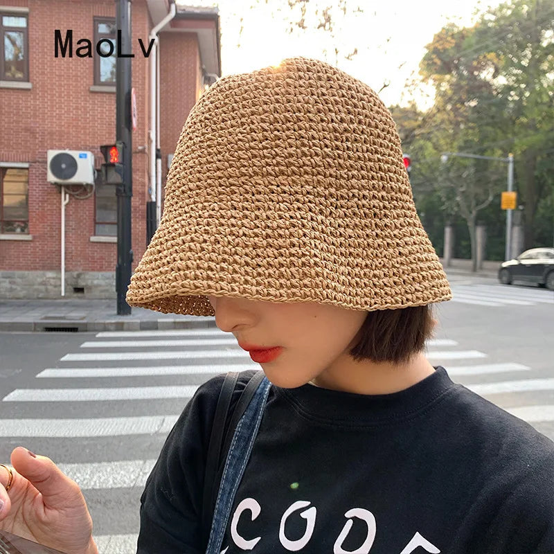 Sombrero de paja coreano para playa, visera de verano para mujer, sombrero de pescador, tejido a mano, sombrero Panamá, sombrero de sol para chica.