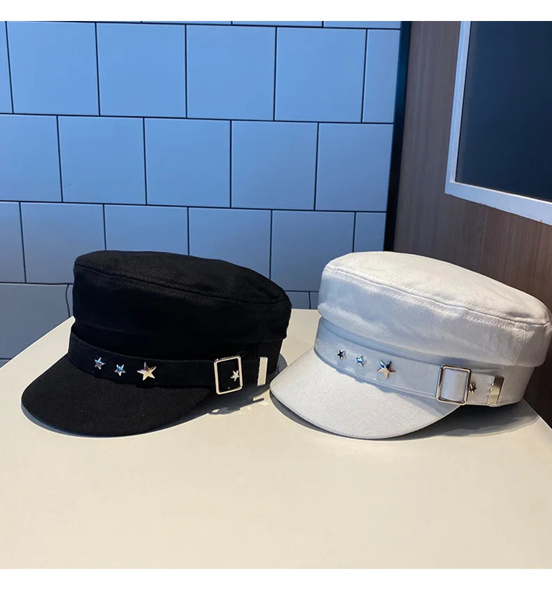 Boina feminina preta com estrela, chapéu de outono e inverno, estilo retrô britânico, moda nova, estilo militar marítimo, boné coreano, chapéu para mães.
