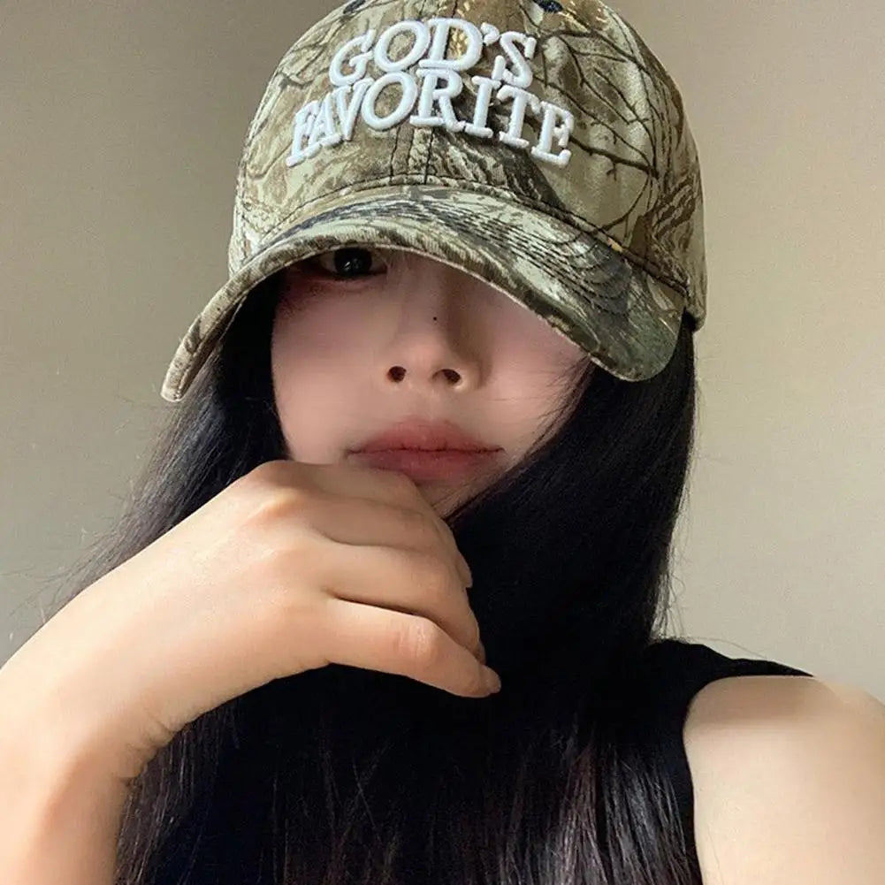 Gorra de béisbol con bordado de letras retro, estilo camuflaje táctico de selva, gorra de visera ajustable para mujer, de circunferencia grande y protección solar