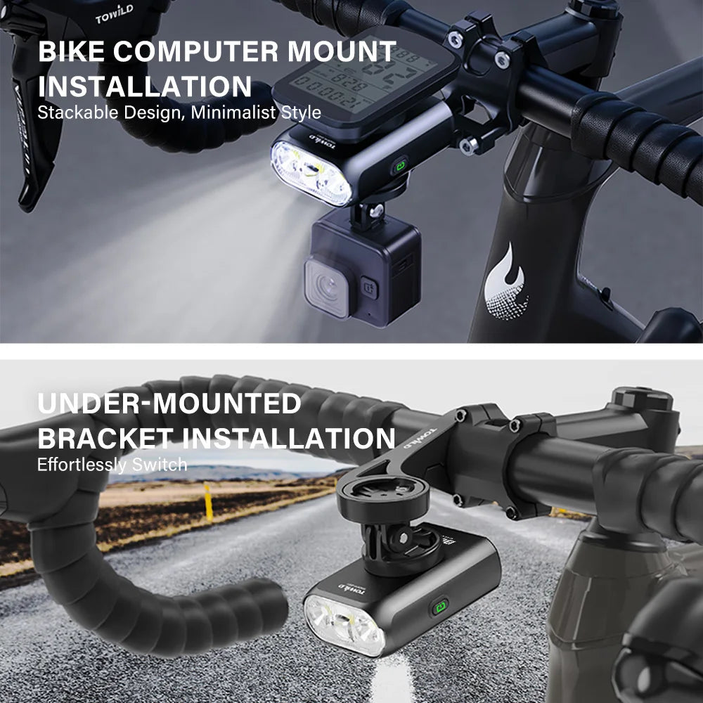 Luz para bicicleta TOWILD BL900 de montaje doble con haz concentrado y amplio (1100 lm), recargable, para seguridad diurna e iluminación nocturna.