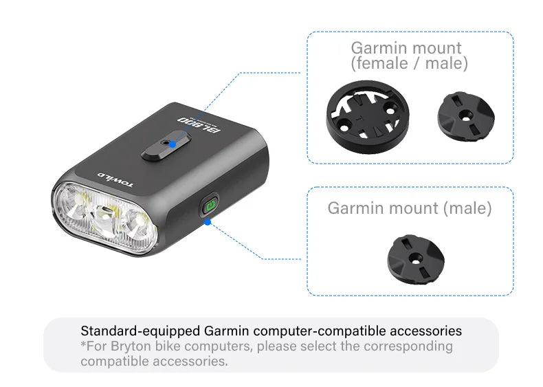 Luz para bicicleta TOWILD BL900 de montaje doble con haz concentrado y amplio (1100 lm), recargable, para seguridad diurna e iluminación nocturna.
