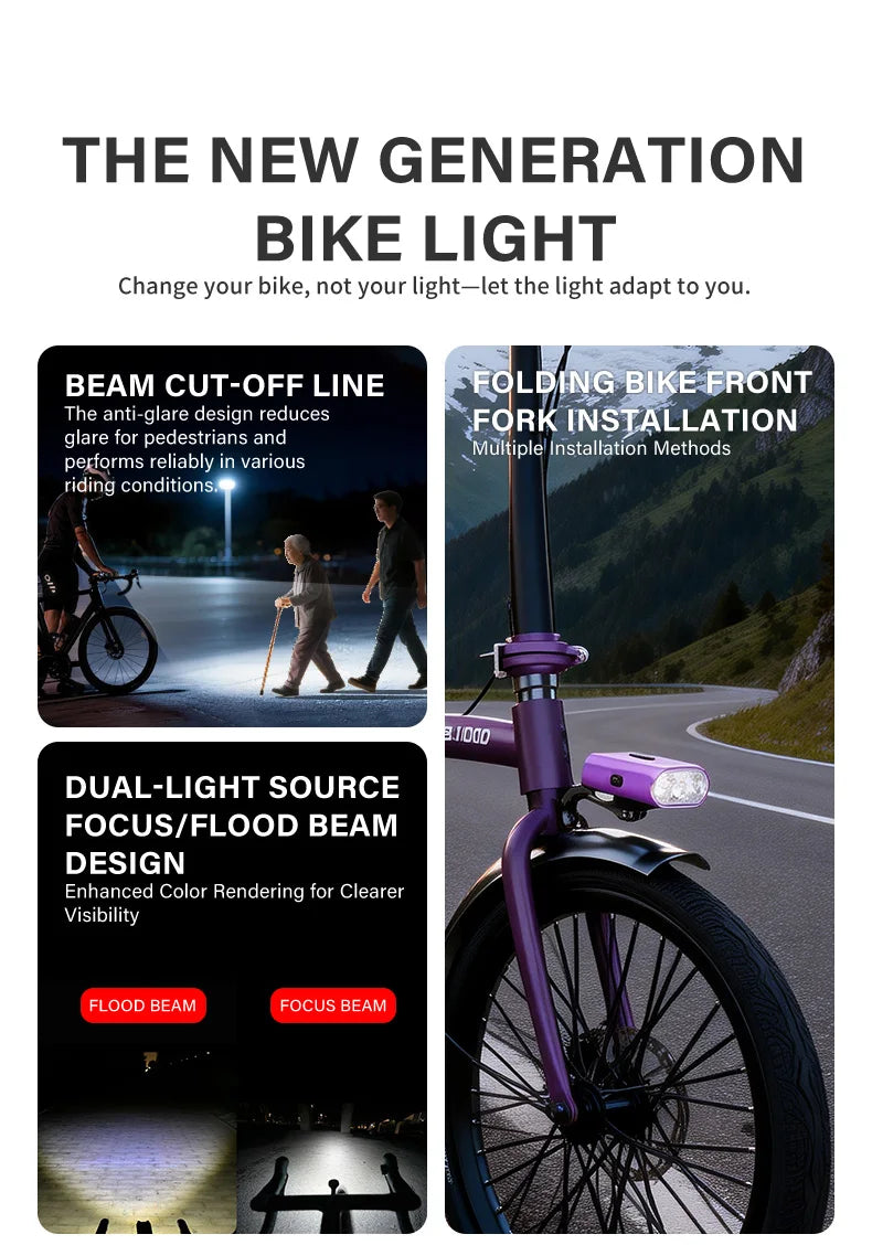 Luz para bicicleta TOWILD BL900 de montaje doble con haz concentrado y amplio (1100 lm), recargable, para seguridad diurna e iluminación nocturna.