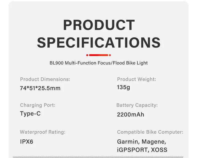 Luz para bicicleta TOWILD BL900 de montaje doble con haz concentrado y amplio (1100 lm), recargable, para seguridad diurna e iluminación nocturna.