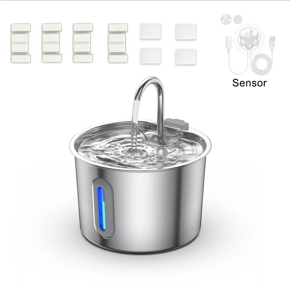Dispensador de agua para mascotas de acero inoxidable de 2,2 L, fuente automática con bomba de agua silenciosa USB, dispensador de agua + juego de filtros para gatos