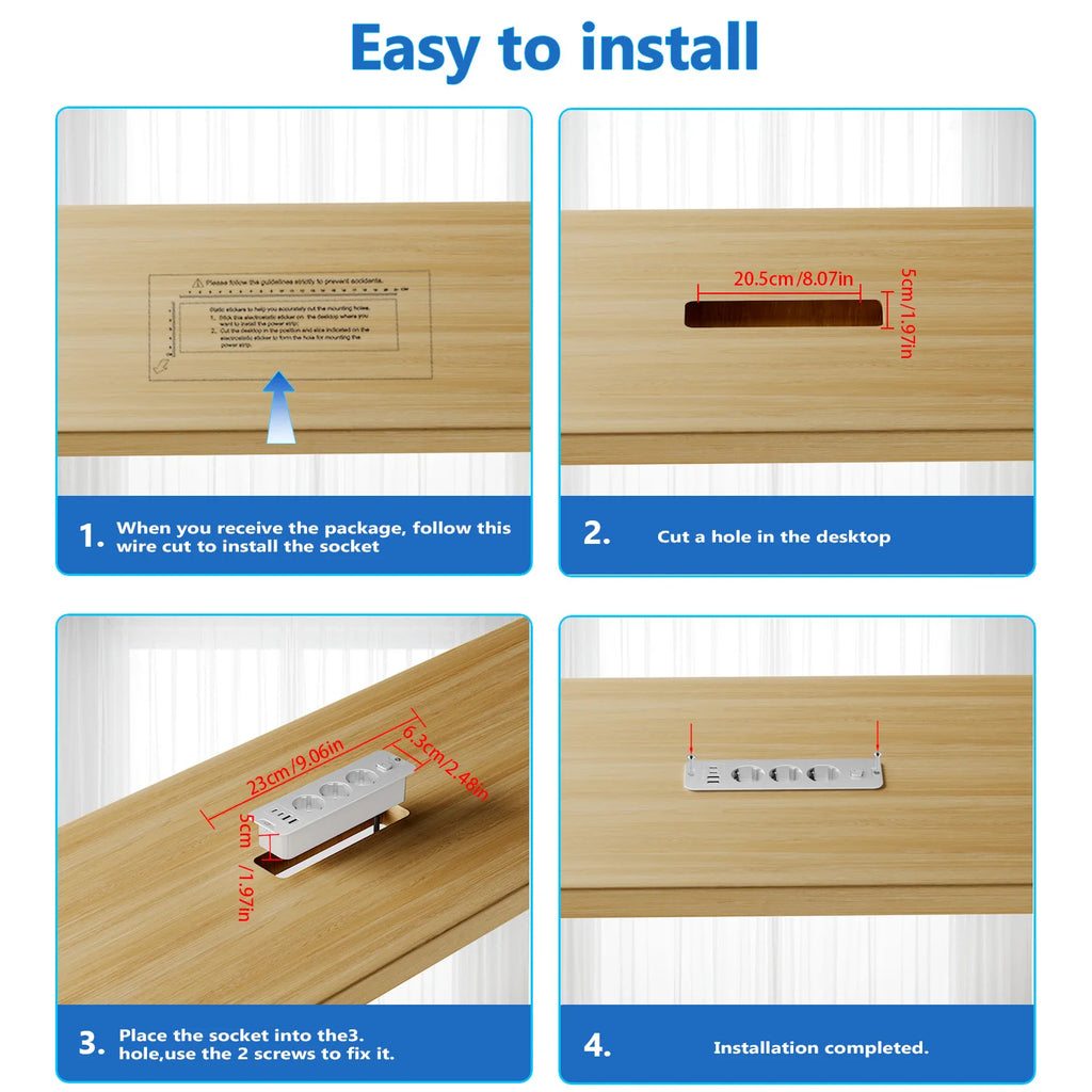 European standard 7-in-1 installable embedded power strip with 2 USB-A, 2 USB-C, 3 AC power sockets, 2-meter extension power cor