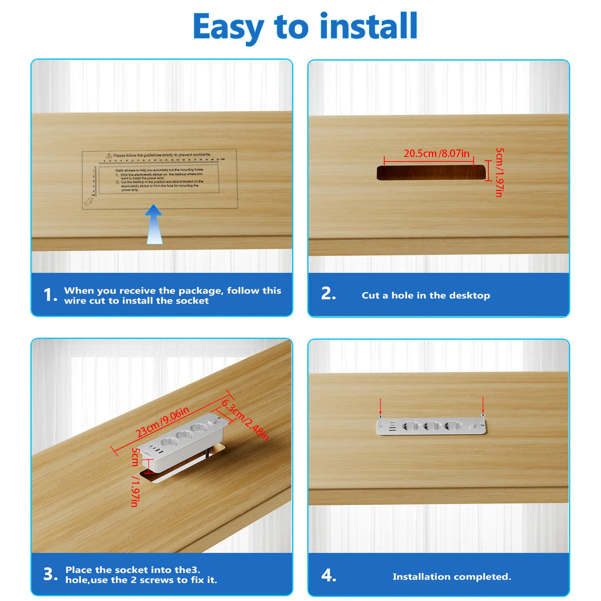 European standard 7-in-1 installable embedded power strip with 2 USB-A, 2 USB-C, 3 AC power sockets, 2-meter extension power cor