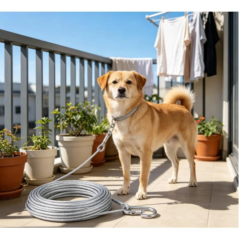 Correa de cable de acero inoxidable para perros de dos cabezas, resistente al óxido con hebilla de metal, cuerda de tracción duradera para entrenamiento al aire libre.