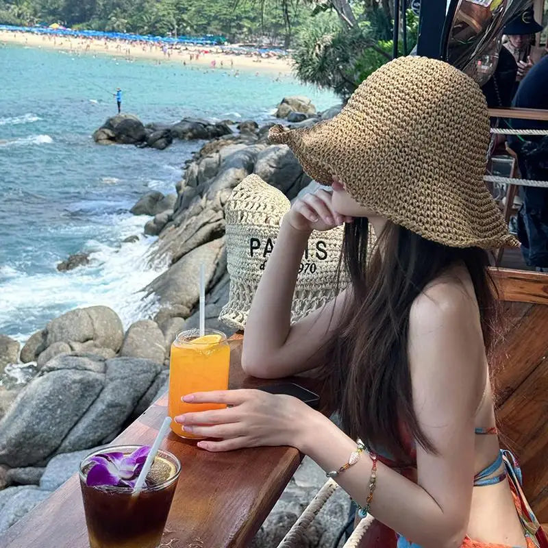 Sombrero de paja coreano para playa, visera de verano para mujer, sombrero de pescador, tejido a mano, sombrero Panamá, sombrero de sol para chica.