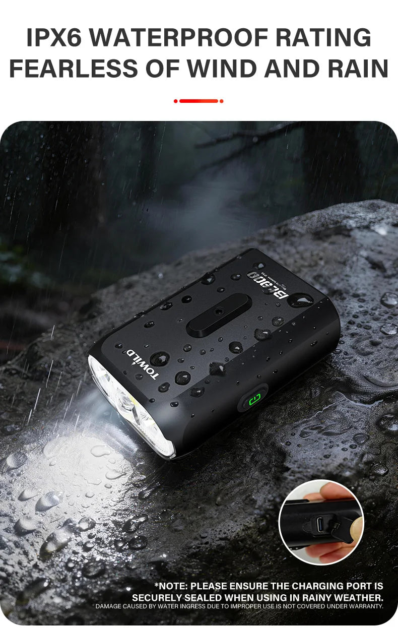 Luz para bicicleta TOWILD BL900 de montaje doble con haz concentrado y amplio (1100 lm), recargable, para seguridad diurna e iluminación nocturna.