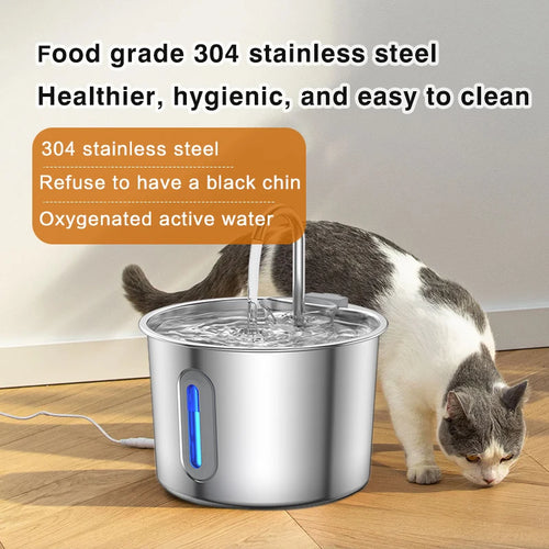 Dispensador de agua para mascotas de acero inoxidable de 2,2 L, fuente automática con bomba de agua silenciosa USB, dispensador de agua + juego de filtros para gatos
