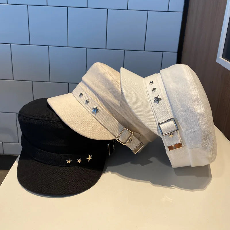 Boina feminina preta com estrela, chapéu de outono e inverno, estilo retrô britânico, moda nova, estilo militar marítimo, boné coreano, chapéu para mães.