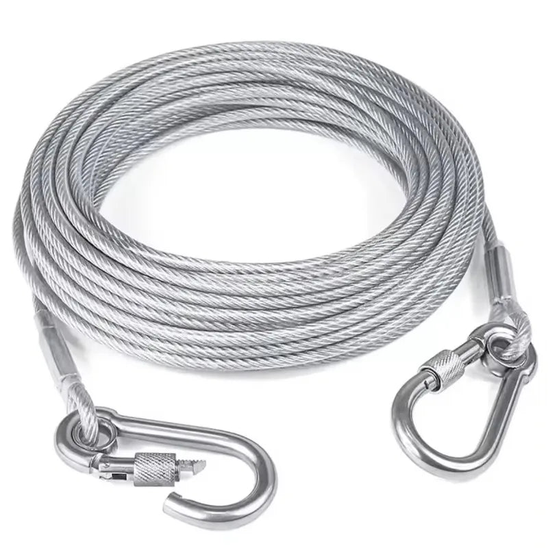 Correa de cable de acero inoxidable para perros de dos cabezas, resistente al óxido con hebilla de metal, cuerda de tracción duradera para entrenamiento al aire libre.