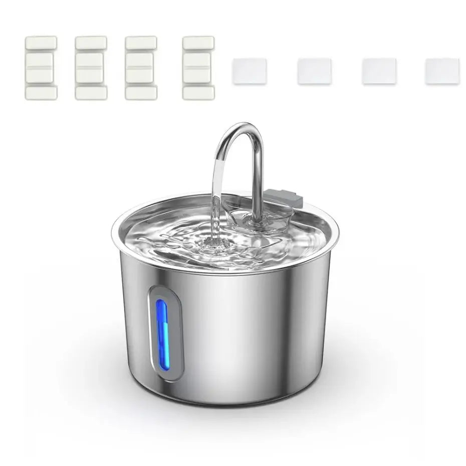 Dispensador de agua para mascotas de acero inoxidable de 2,2 L, fuente automática con bomba de agua silenciosa USB, dispensador de agua + juego de filtros para gatos