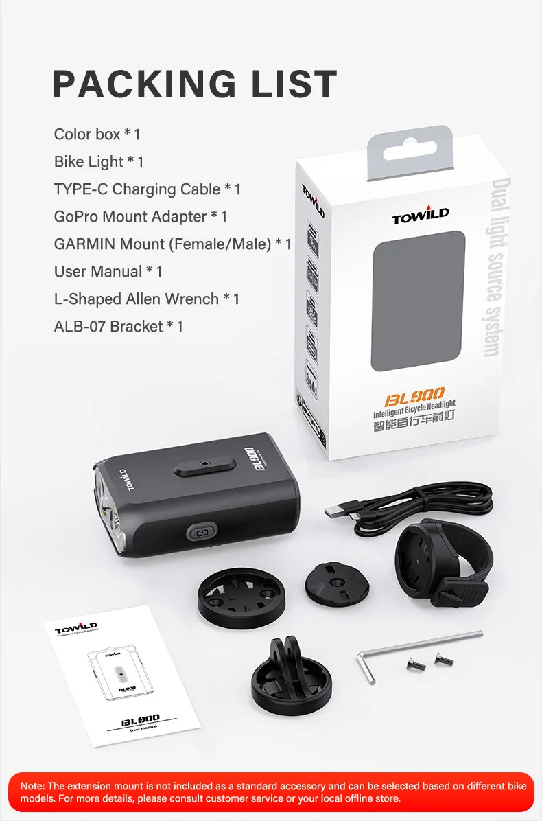 Luz para bicicleta TOWILD BL900 de montaje doble con haz concentrado y amplio (1100 lm), recargable, para seguridad diurna e iluminación nocturna.