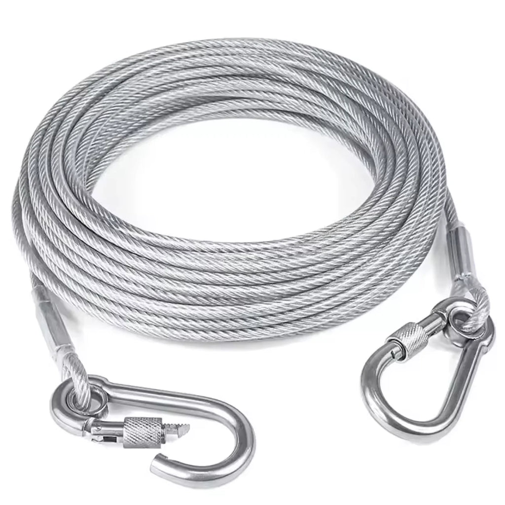 Correa de cable de acero inoxidable para perros de dos cabezas, resistente al óxido con hebilla de metal, cuerda de tracción duradera para entrenamiento al aire libre.