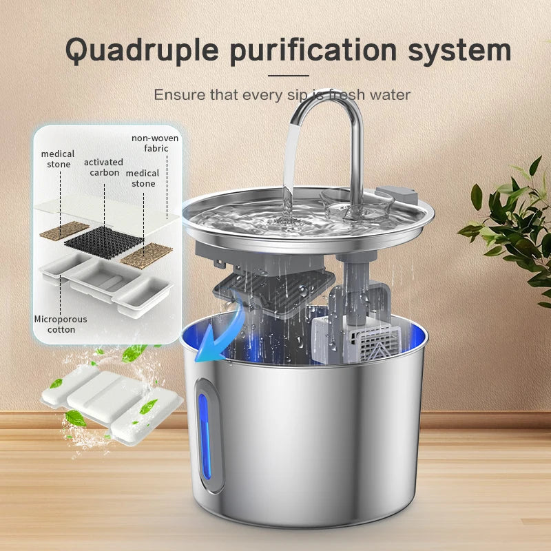 Dispensador de agua para mascotas de acero inoxidable de 2,2 L, fuente automática con bomba de agua silenciosa USB, dispensador de agua + juego de filtros para gatos