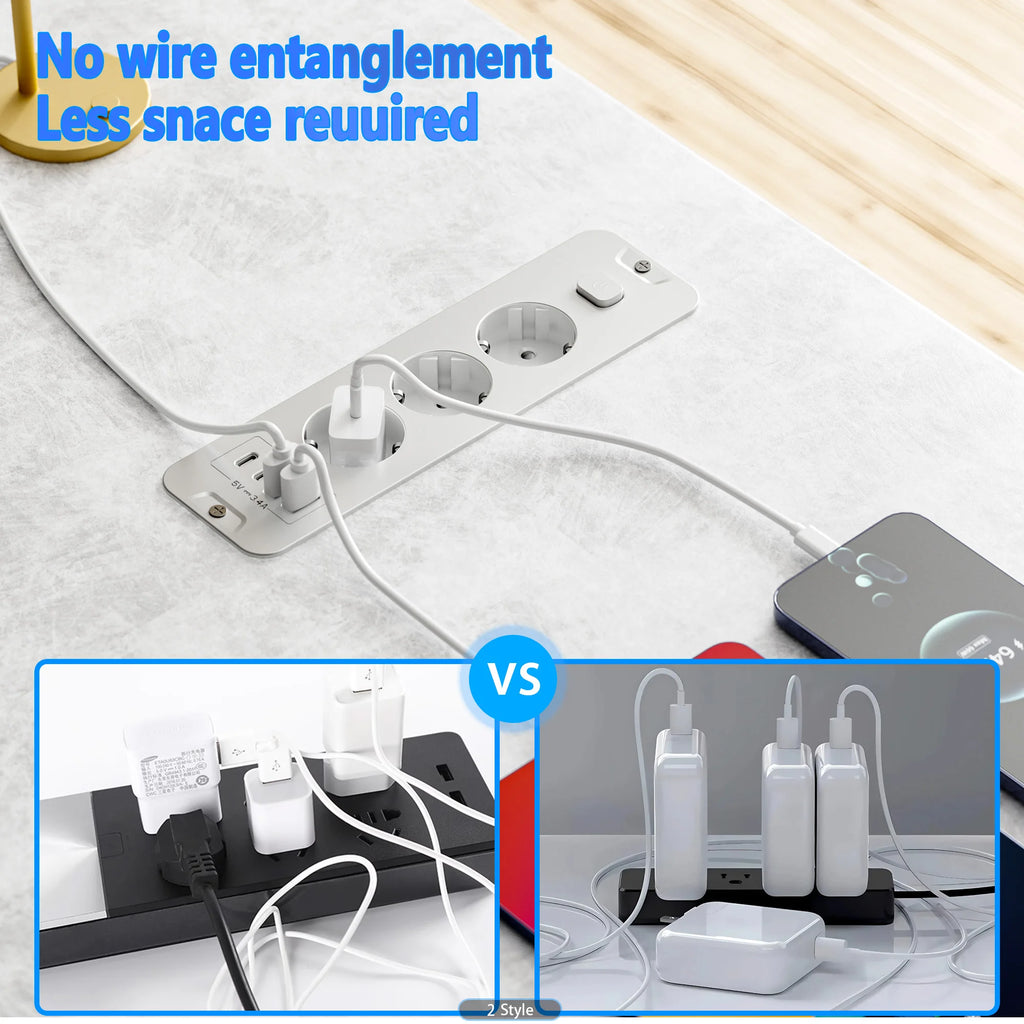 European standard 7-in-1 installable embedded power strip with 2 USB-A, 2 USB-C, 3 AC power sockets, 2-meter extension power cor