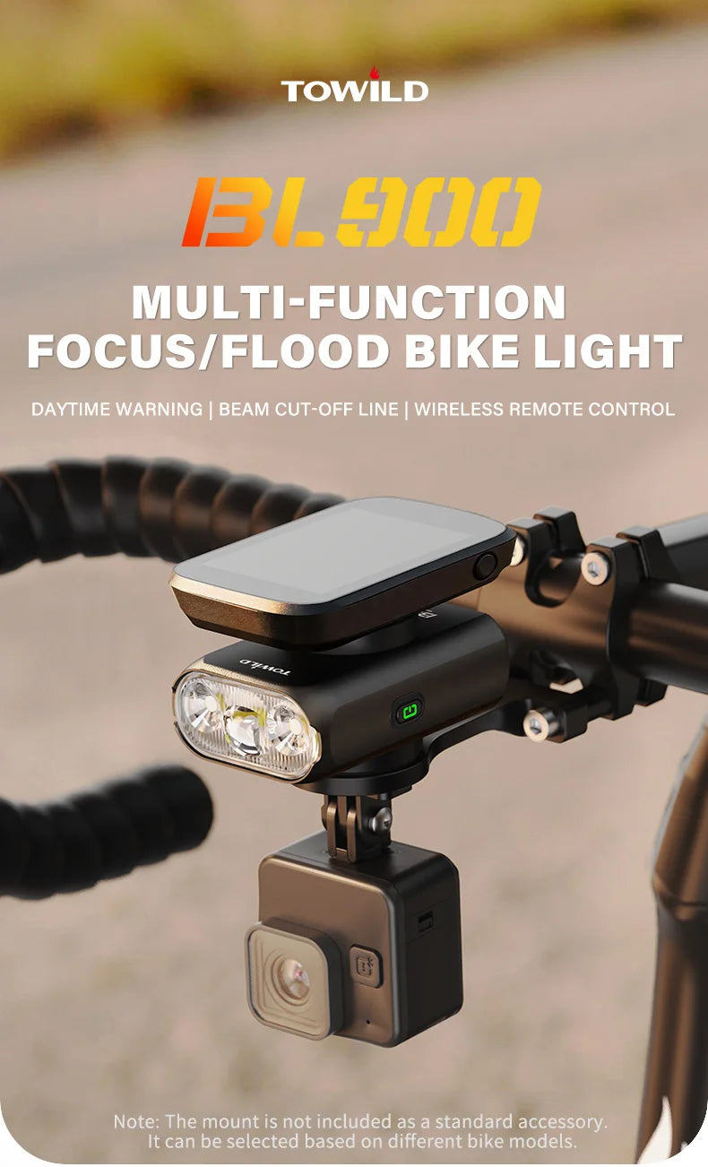 Luz para bicicleta TOWILD BL900 de montaje doble con haz concentrado y amplio (1100 lm), recargable, para seguridad diurna e iluminación nocturna.