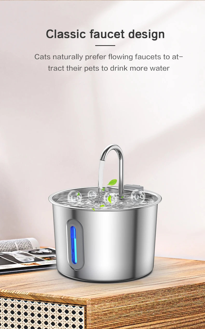Dispensador de agua para mascotas de acero inoxidable de 2,2 L, fuente automática con bomba de agua silenciosa USB, dispensador de agua + juego de filtros para gatos