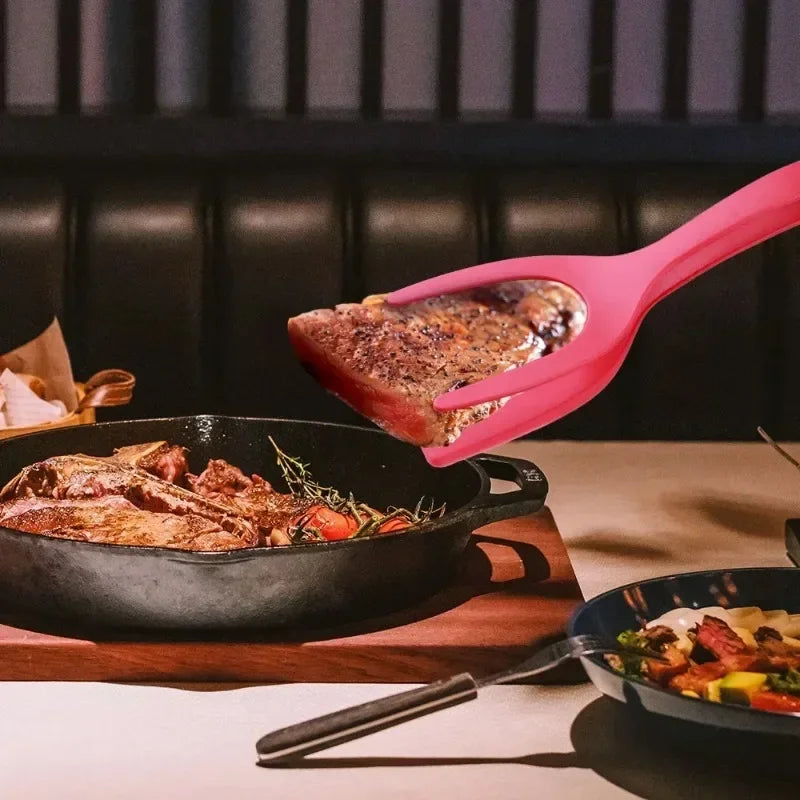 Pinzas volteadoras de nailon 2 en 1 con espátula para huevos y pinza para carne, accesorios de cocina para voltear panqueques y alimentos fritos