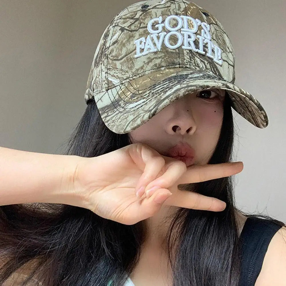 Gorra de béisbol con bordado de letras retro, estilo camuflaje táctico de selva, gorra de visera ajustable para mujer, de circunferencia grande y protección solar
