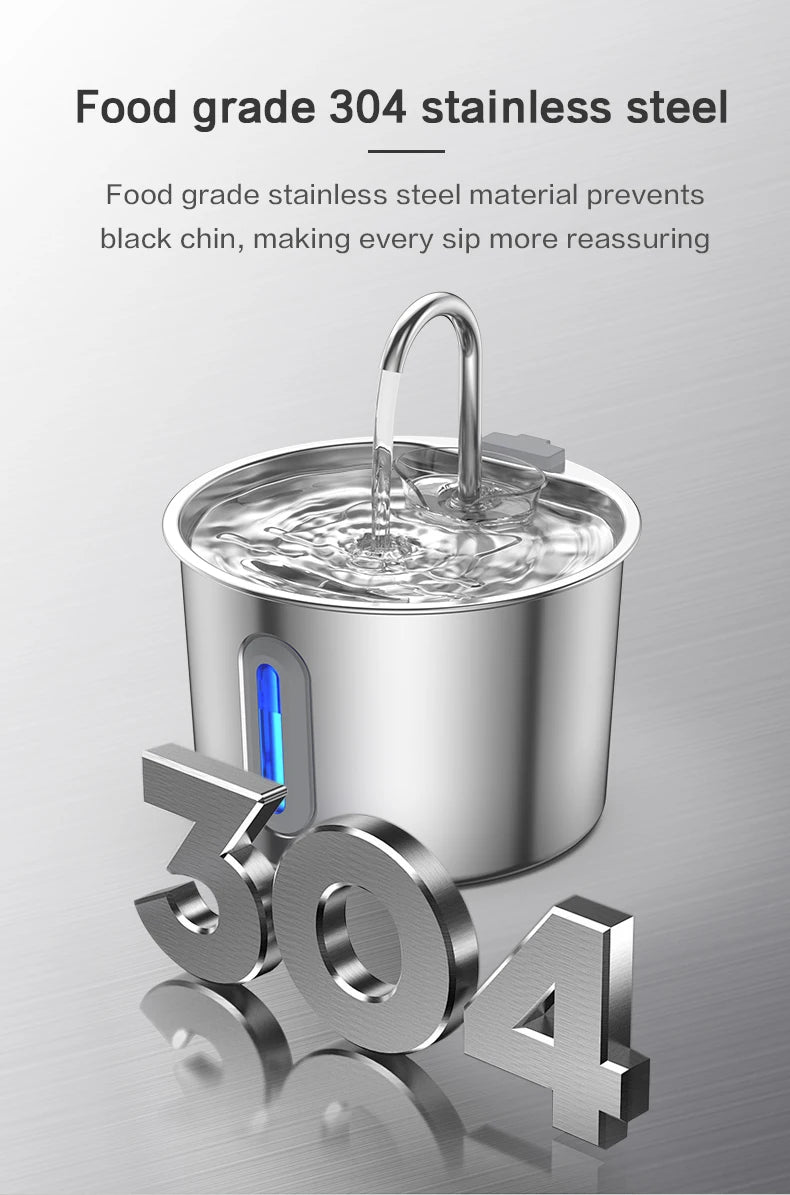 Dispensador de agua para mascotas de acero inoxidable de 2,2 L, fuente automática con bomba de agua silenciosa USB, dispensador de agua + juego de filtros para gatos
